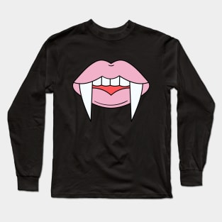 Vampire Girl fangs and pink lips Zombie Halloween Illustration Long Sleeve T-Shirt